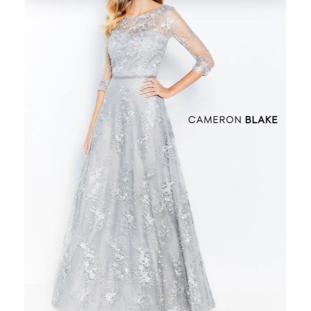 Cameron Blake Long Sleeve A-Line Evening Dress Gray Silver Size 4 Bride 118682